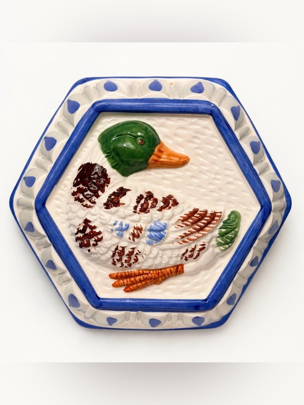 Vintage Hand-Painted Ceramic Mallard Duck Wall Plaque - Blue, Green, Orange